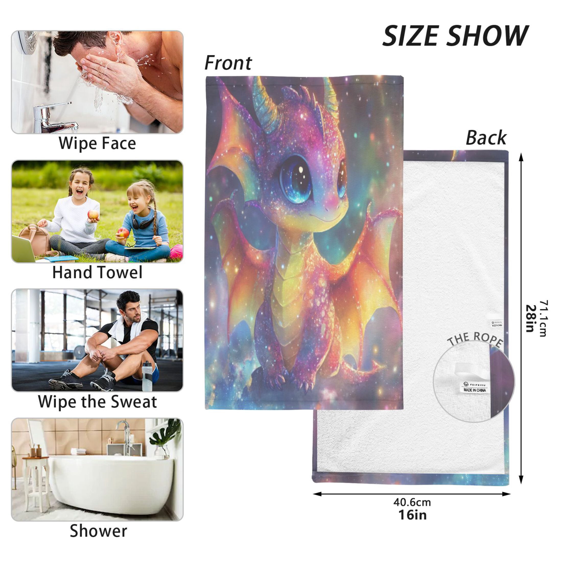 Wobogo Colorful Dragon Baby 100% Cotton Towel 2 Pieces Set Super Soft and Highly Absorbent Suitable for Bathroom Gym Travel Camping Pool