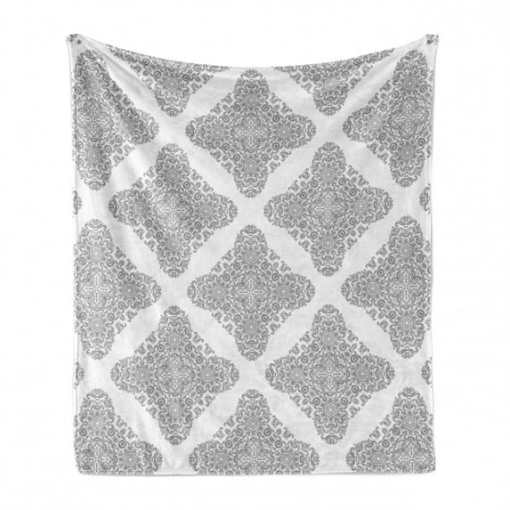 Floral Soft Flannel Fleece Blanket, Modernized Damask Altered Flowers Accumulated Motifs Print on Plain Backdrop, Cozy Plush for Indoor and Outdoor Use, 50" x 60", White and Dimgray, by Ambesonne