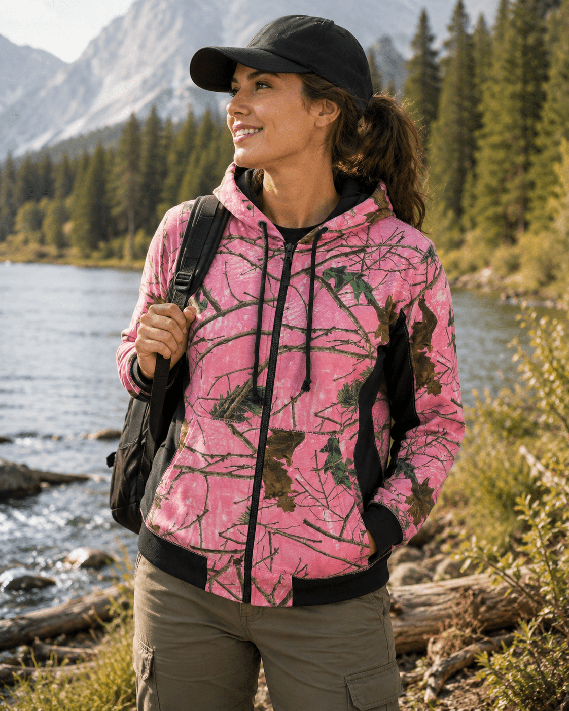TrailCrest Women’s Full Zip Up Hoodie Sweatshirt Casual Fashion Sweater Hooded Jacket, XL, Pink Camo