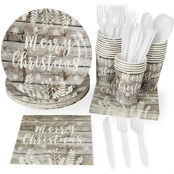 144 Piece Merry Christmas Party Plates, Napkins, Cups, Cutlery, Wood Plank Design Dinnerware, Serves 24