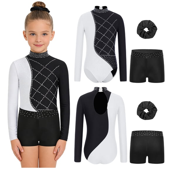 iiniim Girls 3 Piece Gymnastics Outfits Long Sleeve Leotard with Shorts Hairband Sparkly Ballet Dancewear White 10