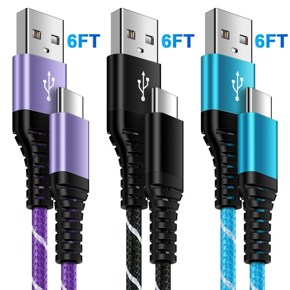 USB C Cable,ABCPOW USB A to USB C Cables 6ft 3pack Android Type C Charging Cords 3A Fast USB C Charger Cables Nylon Braided USB C Charging Cable USB to Type C Cable 6ft(Black,Purple,Blue)