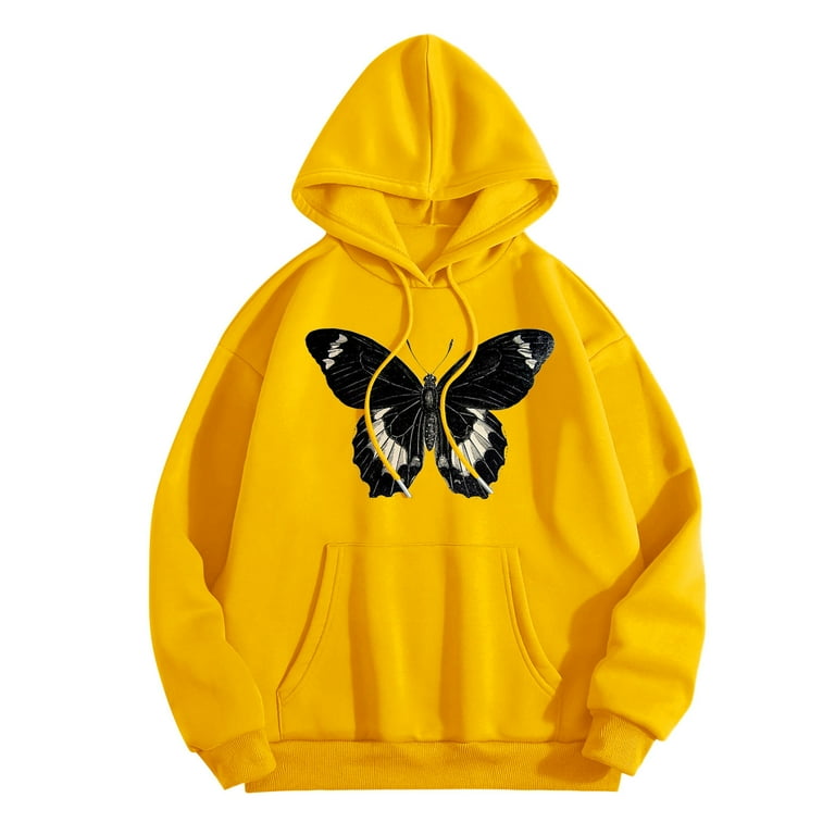 Lisingtool Hoodies For Women Women Casual Fashion Butterfly Print Hoodie Graphic Drawstring Pullover Preppy Sweatshirt Womens Tops Yellow Walmart