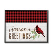 Stupell Industries Season's Greetings Phrase Red Patchwork Cardinal bird Animals & Insects Painting Black Framed Art Print Wall Art, 11 x 14