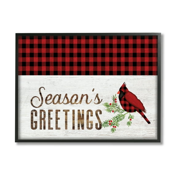 Stupell Industries Season's Greetings Phrase Red Patchwork Cardinal bird Animals & Insects Painting Black Framed Art Print Wall Art, 11 x 14