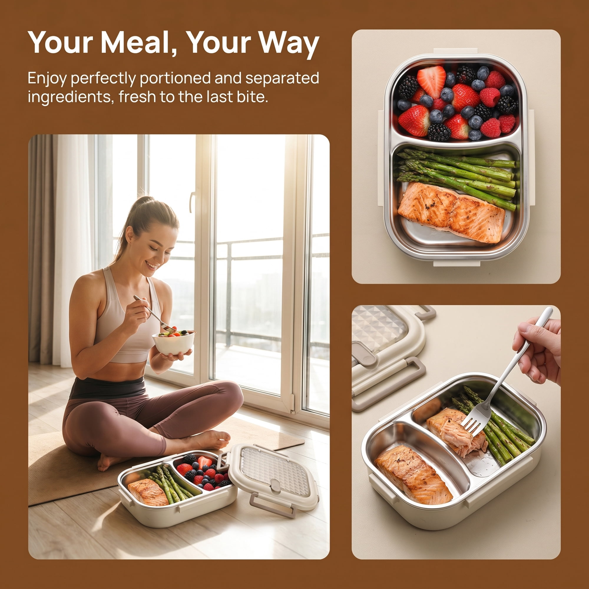 Unique Bargains Leak-Proof Meal Lunch Bento Box with Stainless Steel Light Brown-1