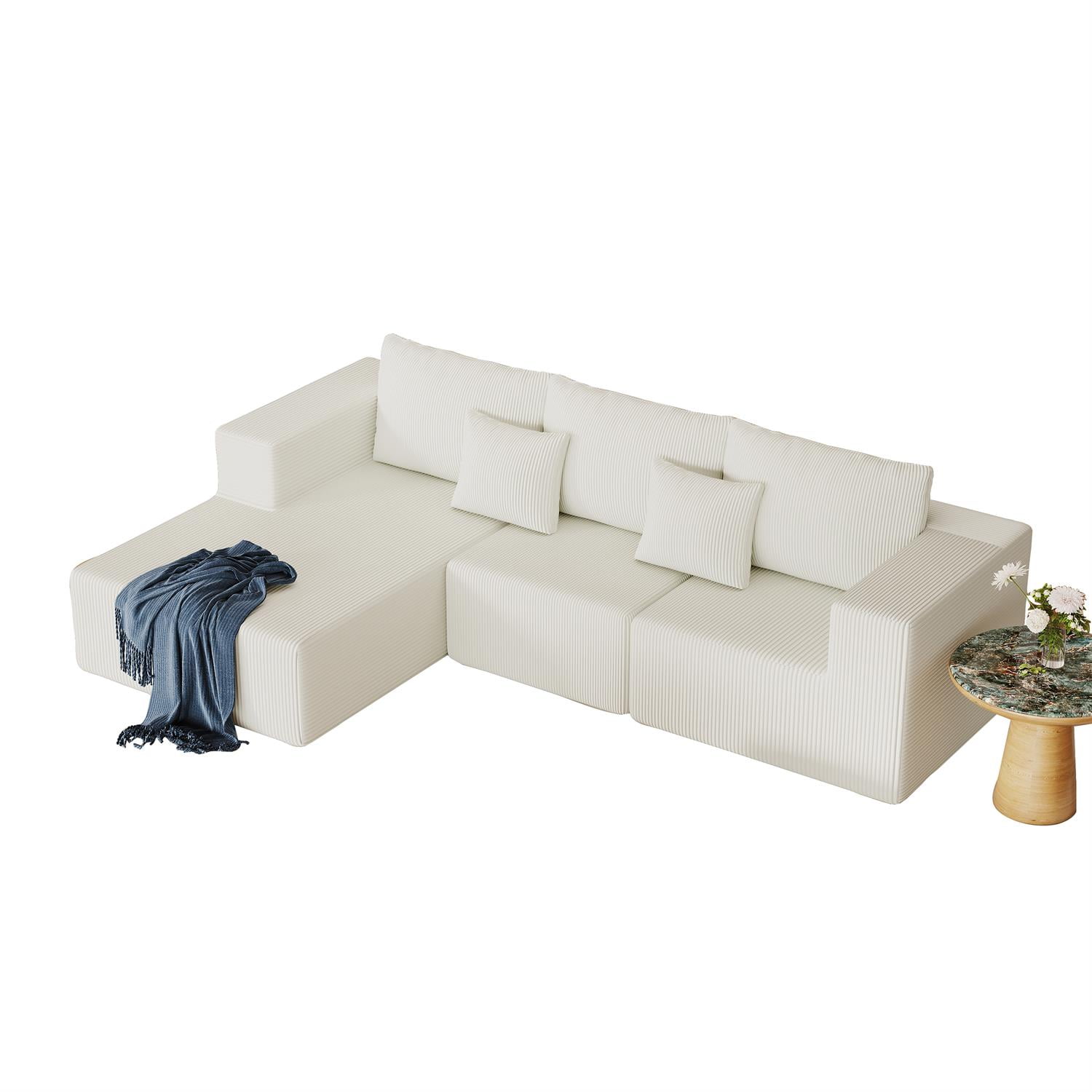 Demi Bonn 108" L-Shaped Modular Foam Sofa with Chaise Lounge, Cloud-Like Comfort Couch, Corduroy Sectional for Living Room, White