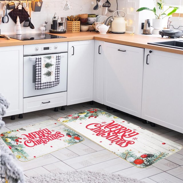 Decoraciones navideñas, adornos navideños, 2 piezas de alfombras y tapetes de cocina navideños para el suelo, tapete antideslizante, decoración de cocina navideña, juegos de alfombras de cocina, decor