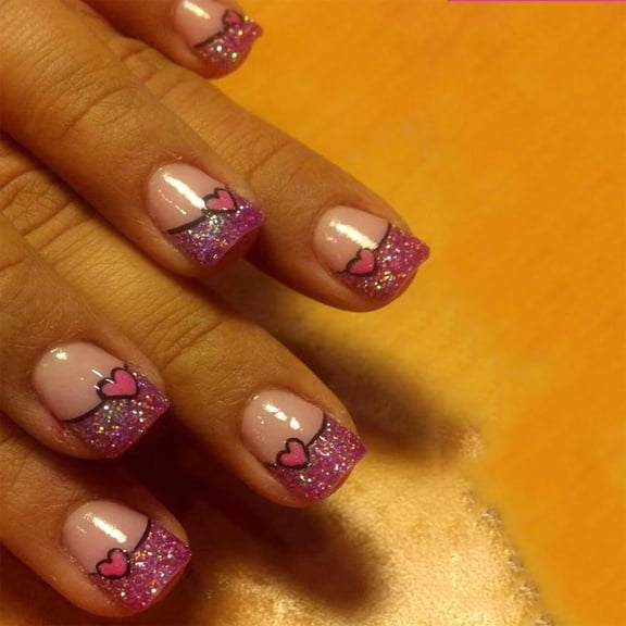 Short Square Press on Nails Pink Love Heart Glitter Fake Nails with Glue on Nails Romantic Acrylic Nails Glossy Reusable Stick on Nails for Women DIY Manicure Multicolor Valentines Design 1239