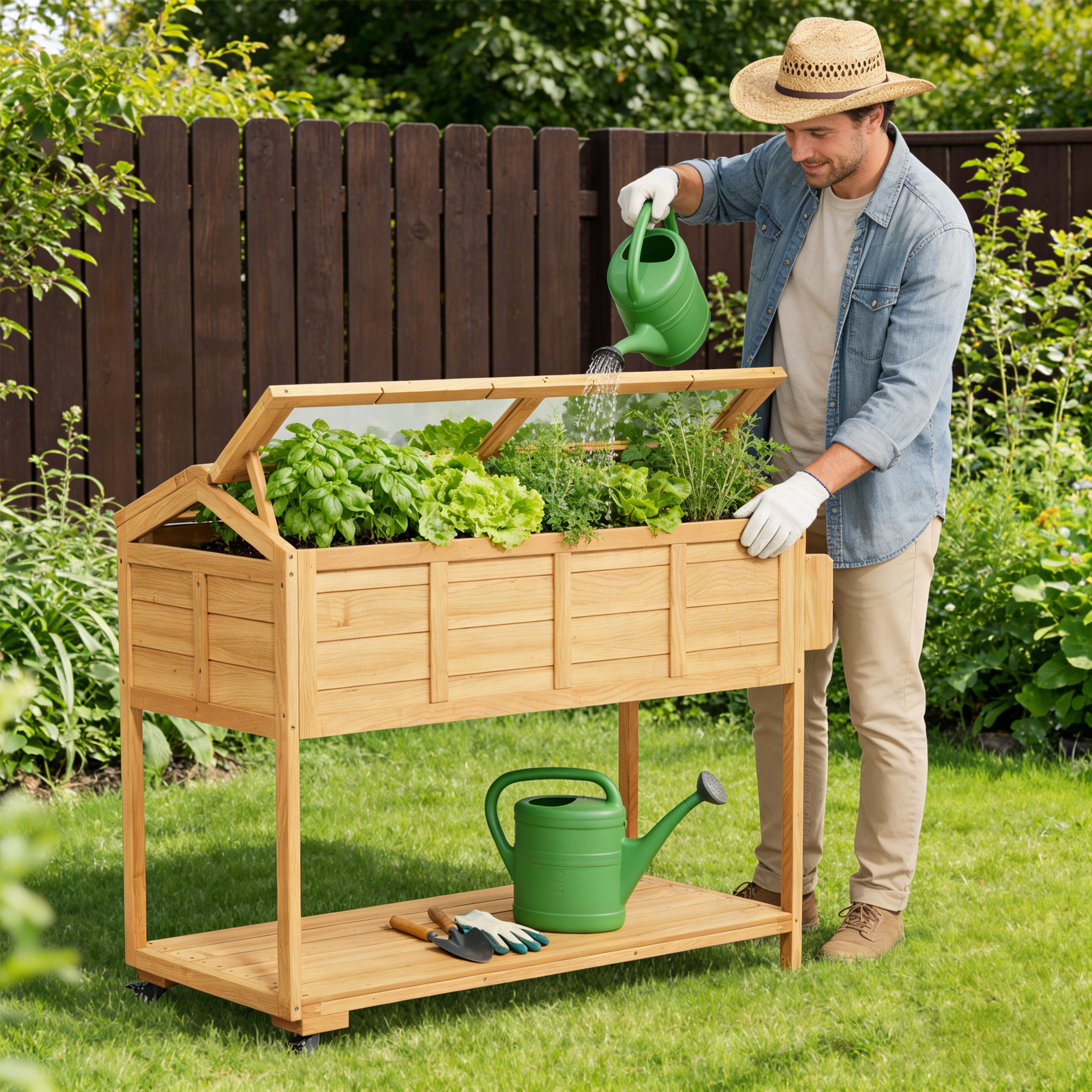 Mobile Raised Garden Bed, Elevated Wooden Planter Box Cart with Storage Shelf ,Cold Frame with Translucent PC Protection,Nature