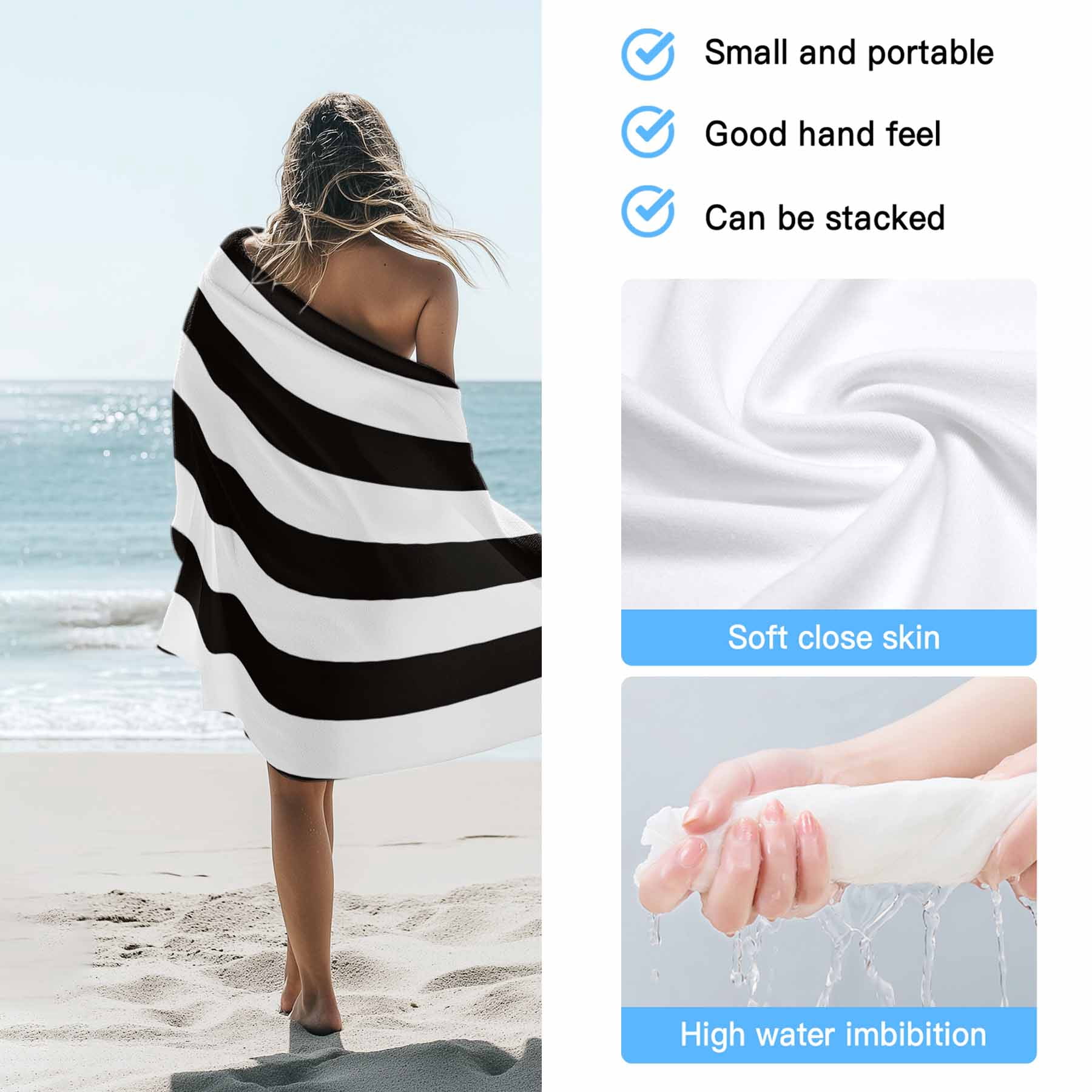 Black And White Wide Striped Beach Towels Blanket Soft&Absorbent Quick Dry Microfiber Geometric Pool Towels for Swimming ,Yoga, Sports, Gym, Camping,Large 35X70in,