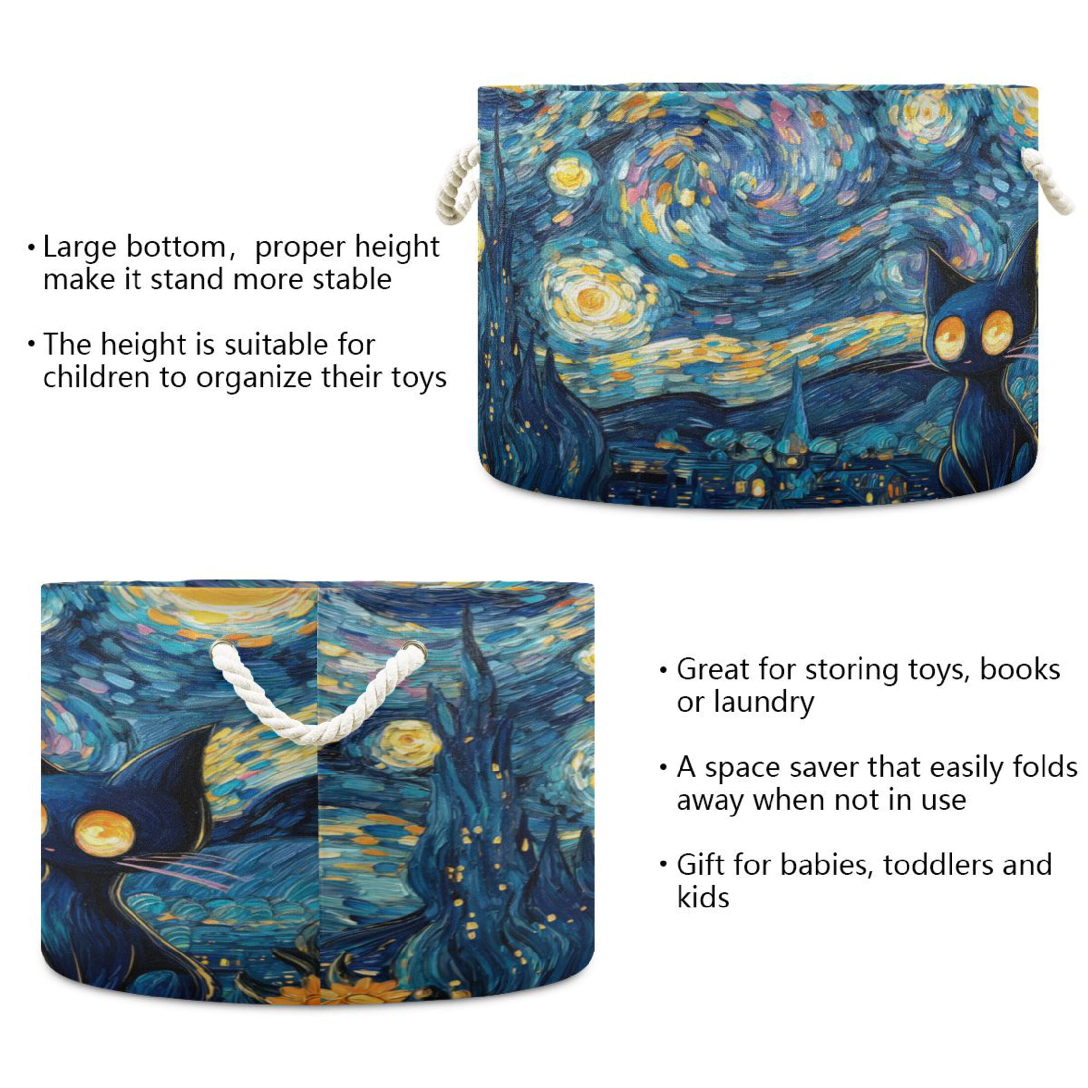 Round Toy Storage Basket Foldable Storage Basket for Home Decor Laundry Basket20" x 14" Mysterious Black Cat