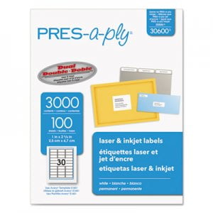 1PC PRES-a-ply PRES-a-ply 30600 Laser Address Labels, 1 x 2 5/8, White, 3000/Box AVE30600