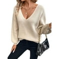 thumbnail image 2 of Women Off the Shoulder V Neck Sweater Top Fitted Long Sleeve Shirt Tie Back Sweater Khaki M, 2 of 9