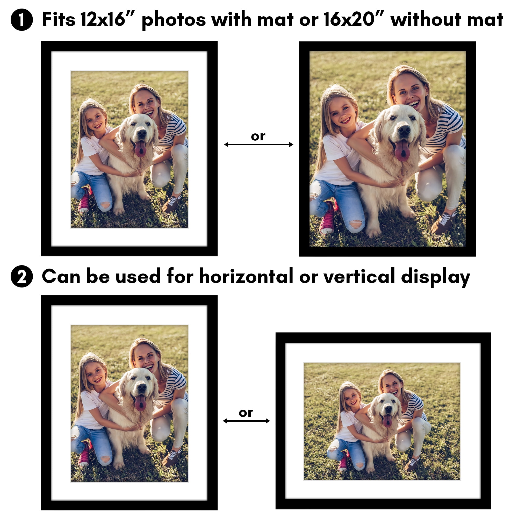Americanflat 16x20 Picture Frame with Polished Plexiglass with 12x16 Mat Display Photo Epic Collection - Black