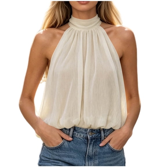 TEAJOPSUU Women's Halter Tops Tie Back Sleeveless Casual Blouses Flowy Trendy Summer Blouse for Going Out Vacation Beige