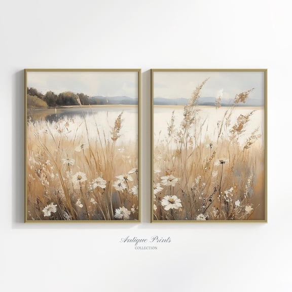 UNFFRAMED Wildflower Landscape 2 Pieces Wall Art, Neutral Set Split Posters, Floral Country, Rustic Farmhouse Decor Set 2 Prints 8x12
