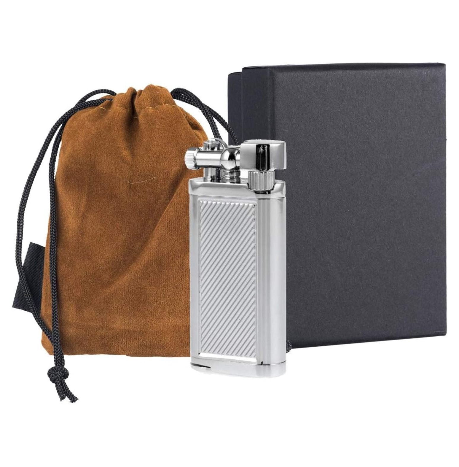 Angled Soft Flame Antique Lift Arm Butane Refillable Lighter with Tamper & Pick (Chrome)