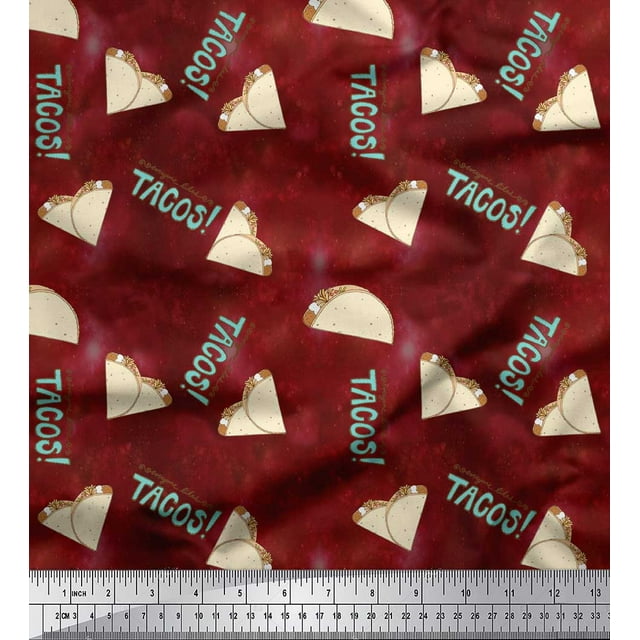 Soimoi Red Heavy Satin Fabric Text & Tacos Food Decor Fabric Printed Yard 54 Inch Wide