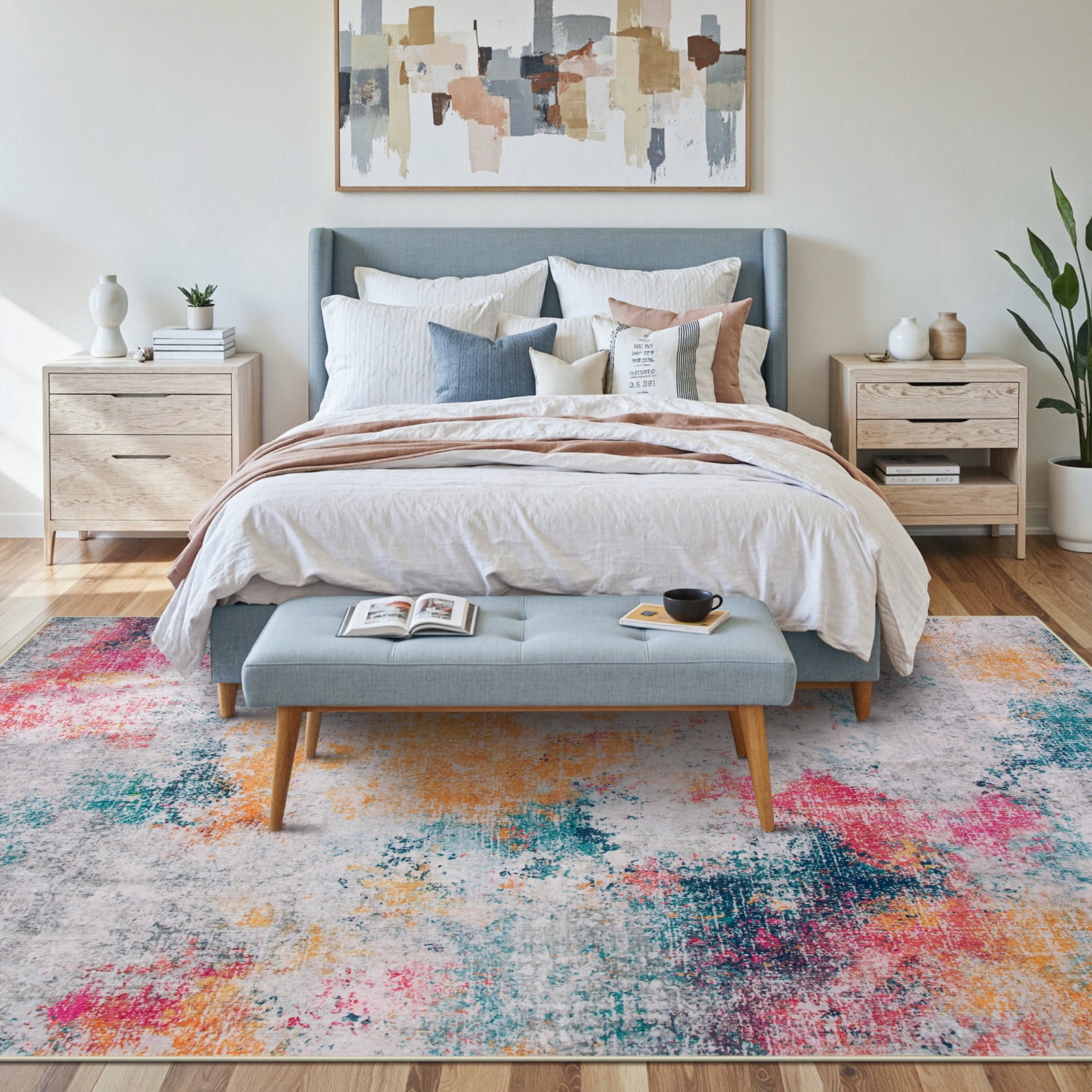 RUG ROBOT Abstract 6'x9' Area Rugs for Living Room, Washable Bedroom Rug Non-Slip, multi color area rug，Soft Modern Large Accent Carpet Throw Rug for Kitchen Dining Room Home Office, Ivory/Blue