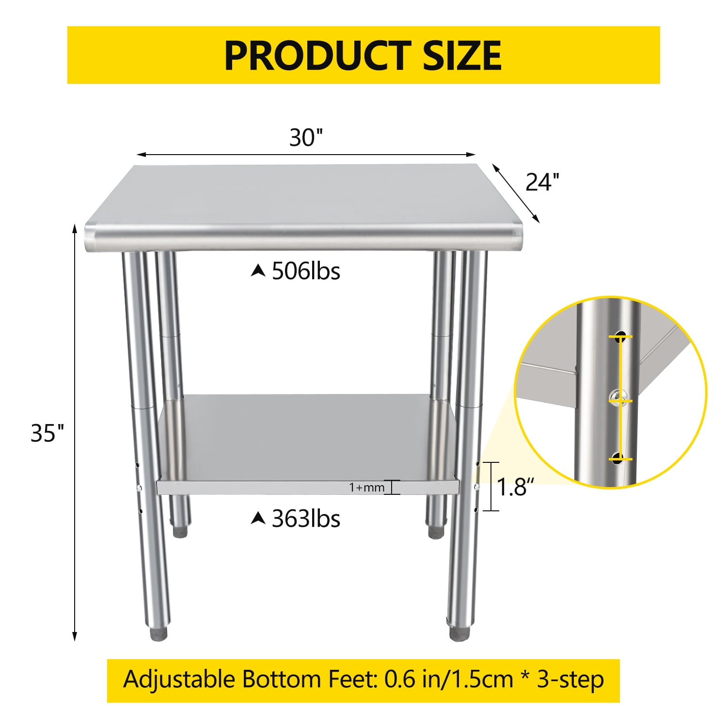 Towallmark Stainless Steel Work Table 30 x 24 inch without 4 Wheels Commercial Food Prep Worktable with Casters  Work Table for Commercial Kitchen Restaurant