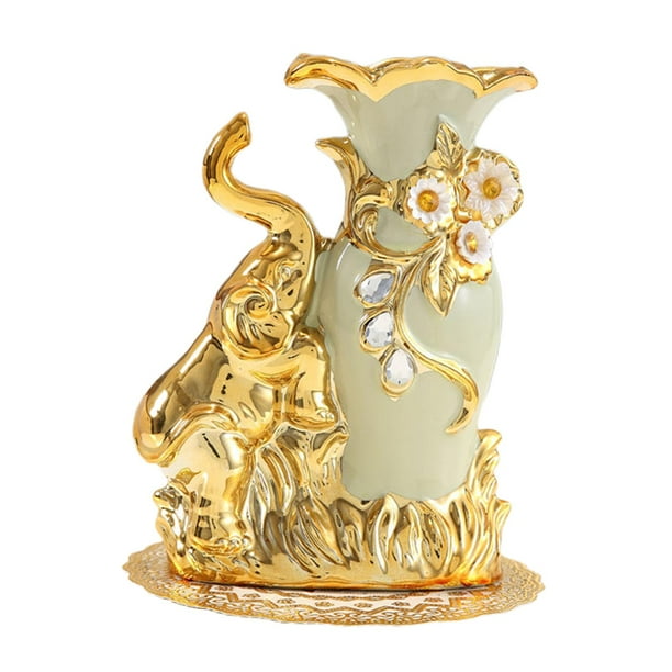 Jarrón de cerámica estilo europeo con baño de oro. Jarrón decorativo para flores, ideal para la decoración del hogar, sala de estar, oficina, centro de mesa y bodas. Elefante izquierdo