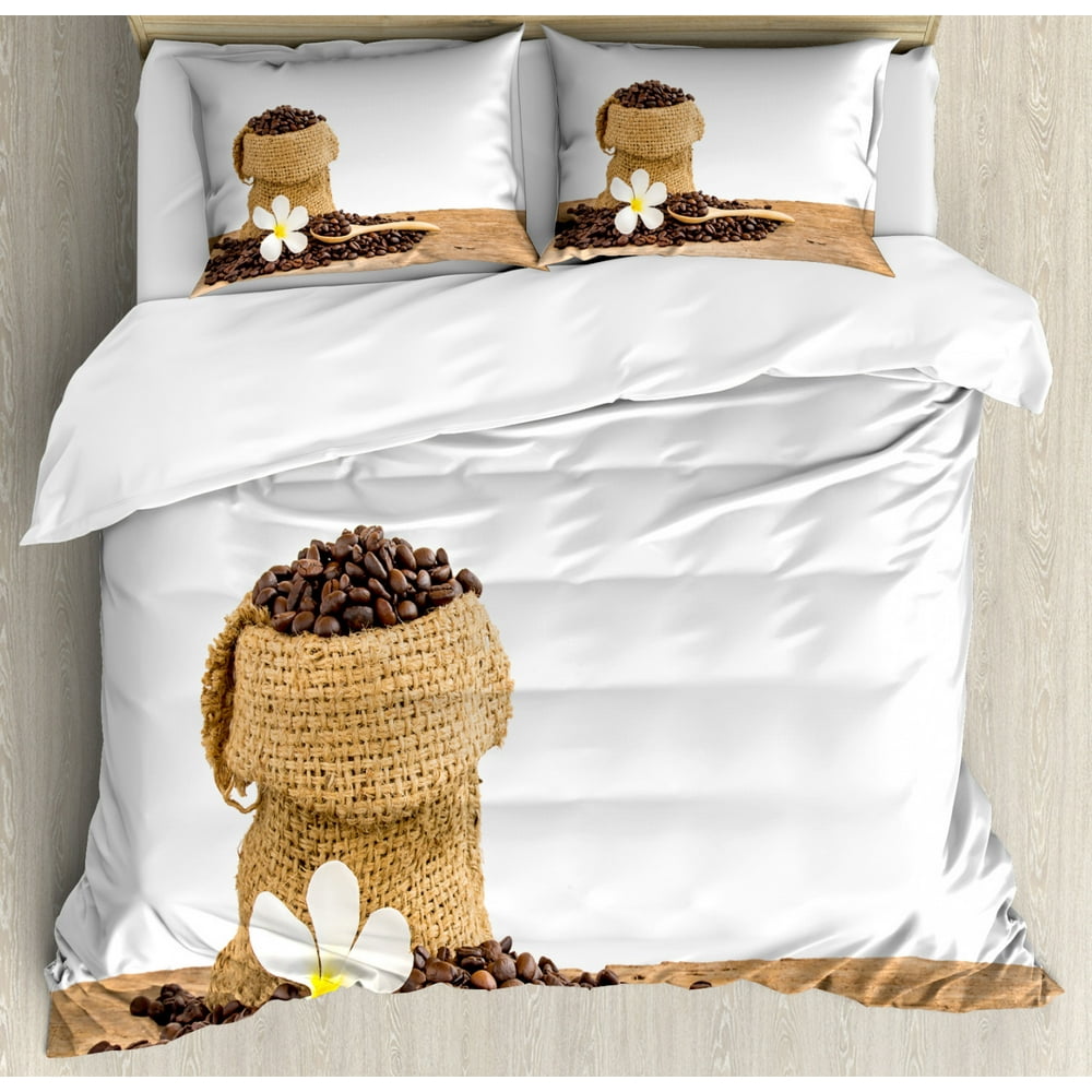 Coffee Duvet Cover Set, Photo of Beans in a Burlap Sack with a Flower