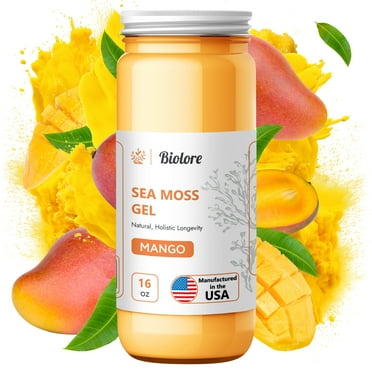 Biolore Sea Moss Gel Mango 16Oz Made in USA Supercharge Your Health with Raw Wildcrafted Irish Seamoss - Essential Vitamins & Minerals - Antioxidant-Rich Vegan for Immune Support