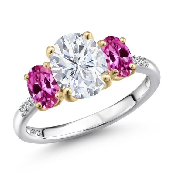 Gem Stone King 925 Silver and 10K Yellow Gold White Moissanite and Pink Created Sapphire and Lab Grown Diamond Engagement Ring for Women | 3.16 Cttw | Oval 9X7MM | Birthstone | Size 9