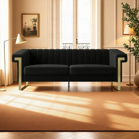 Modern Black Velvet 3-Seater Chesterfield Sofa with Gold Metal Legs - 220×80×75cm for Living Room