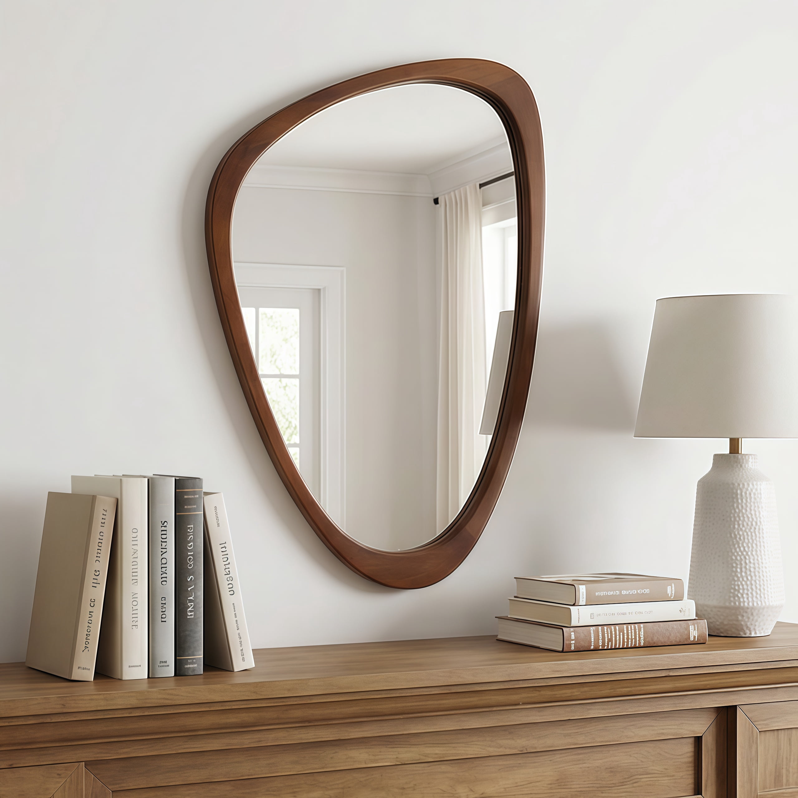 20x30-Inch Irregular Solid Wood Frame Mirror, Decorative Wall Mirror and Vanity Mirror for Bedroom Bathroom Living Room Entryway, Black Walnut