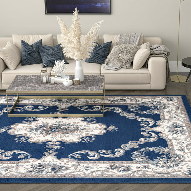 Traditional 5x7 Area Rug 5 X 7, Gray Couch Navy Blue Rug