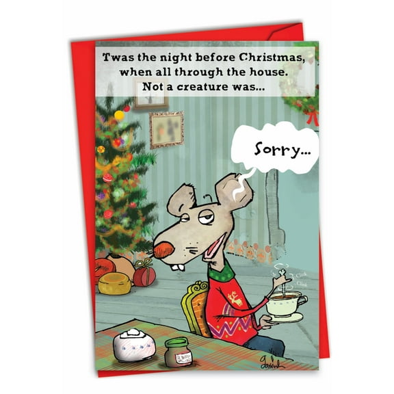 NobleWorks Funny Christmas Paper Card with 5 x 7 Inch Envelope (1 Card) Merry Christmas Holiday No More Stirring Mouse 1805