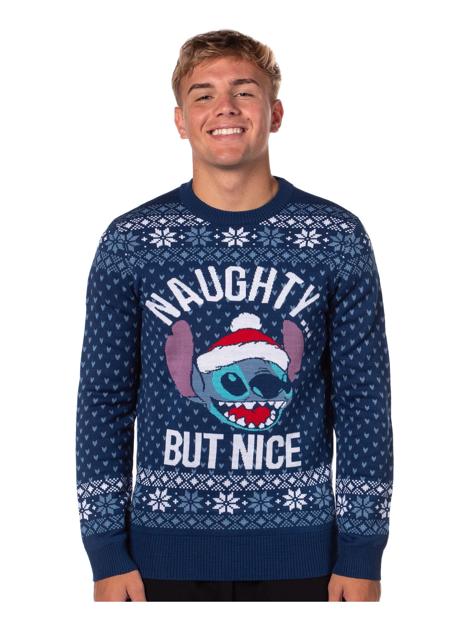 Disney Lilo And Stitch Men's Naughty But Nice Ugly Christmas Holiday Knit Sweater Pullover