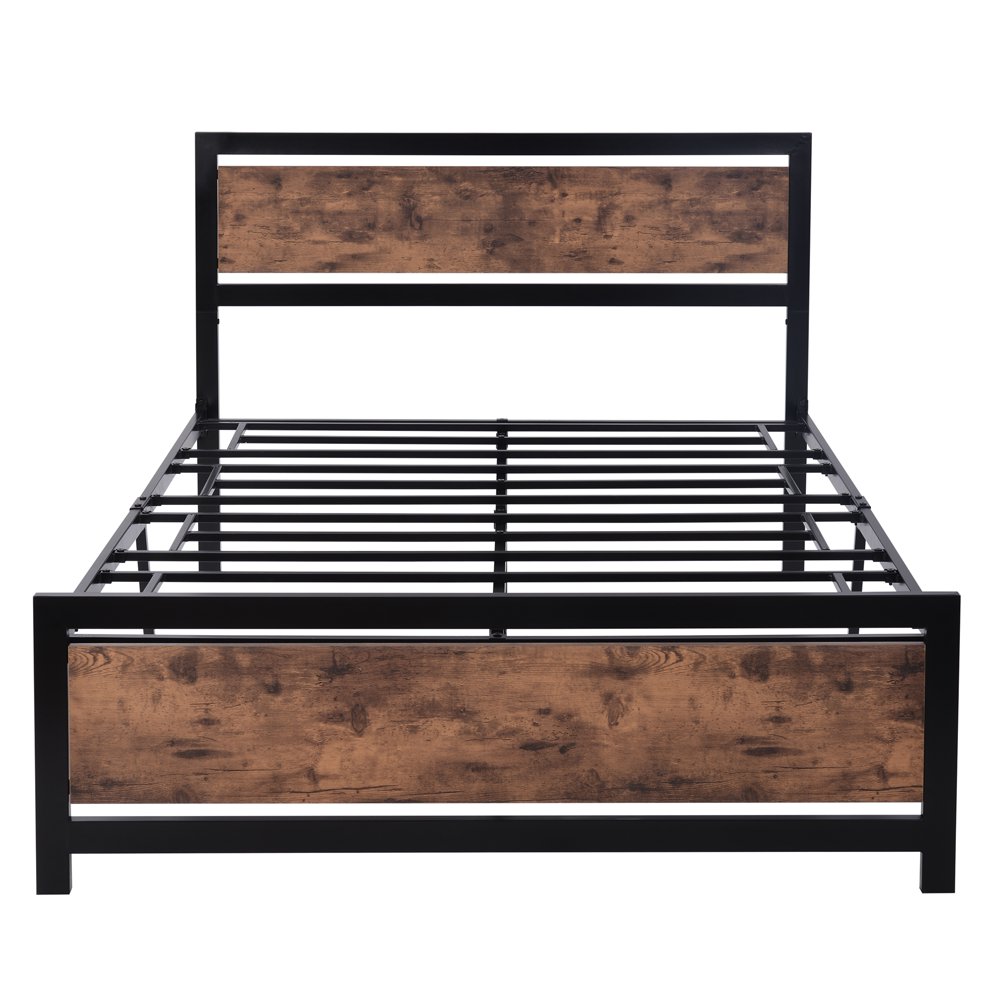 Rustic Platform Metal Bed Frame with Wooden Headboard and Footboard