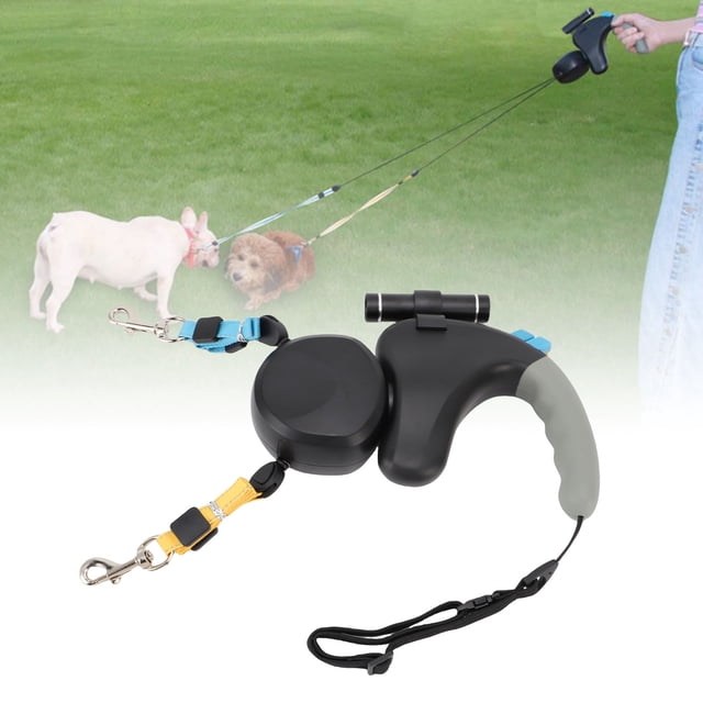 Dual Retractable Dog Leash for 2 Small Dogs, Double Headed 9.84ft Extendable Pet Leash with LED Light, One Locked System, Independent Control for Two Dogs