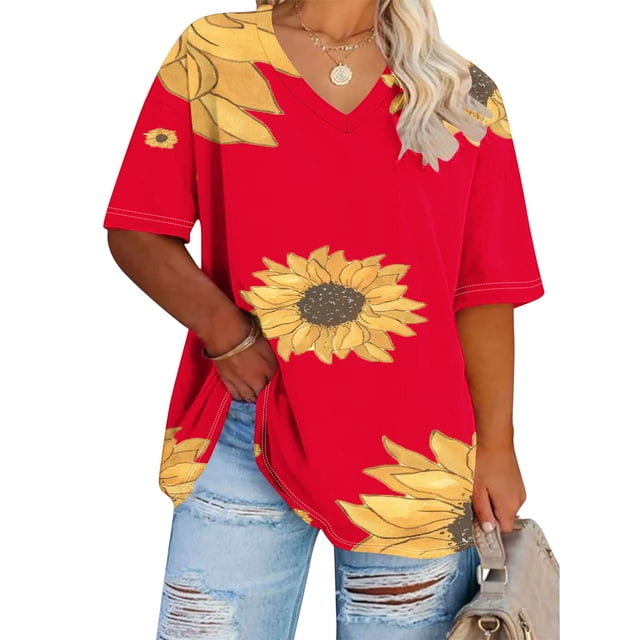 Fiudx Ofertas de La Semana Camiseta Deportiva de Verano Estampada de Manga Corta con Cuello En V de Gran Tamaño para Mujer