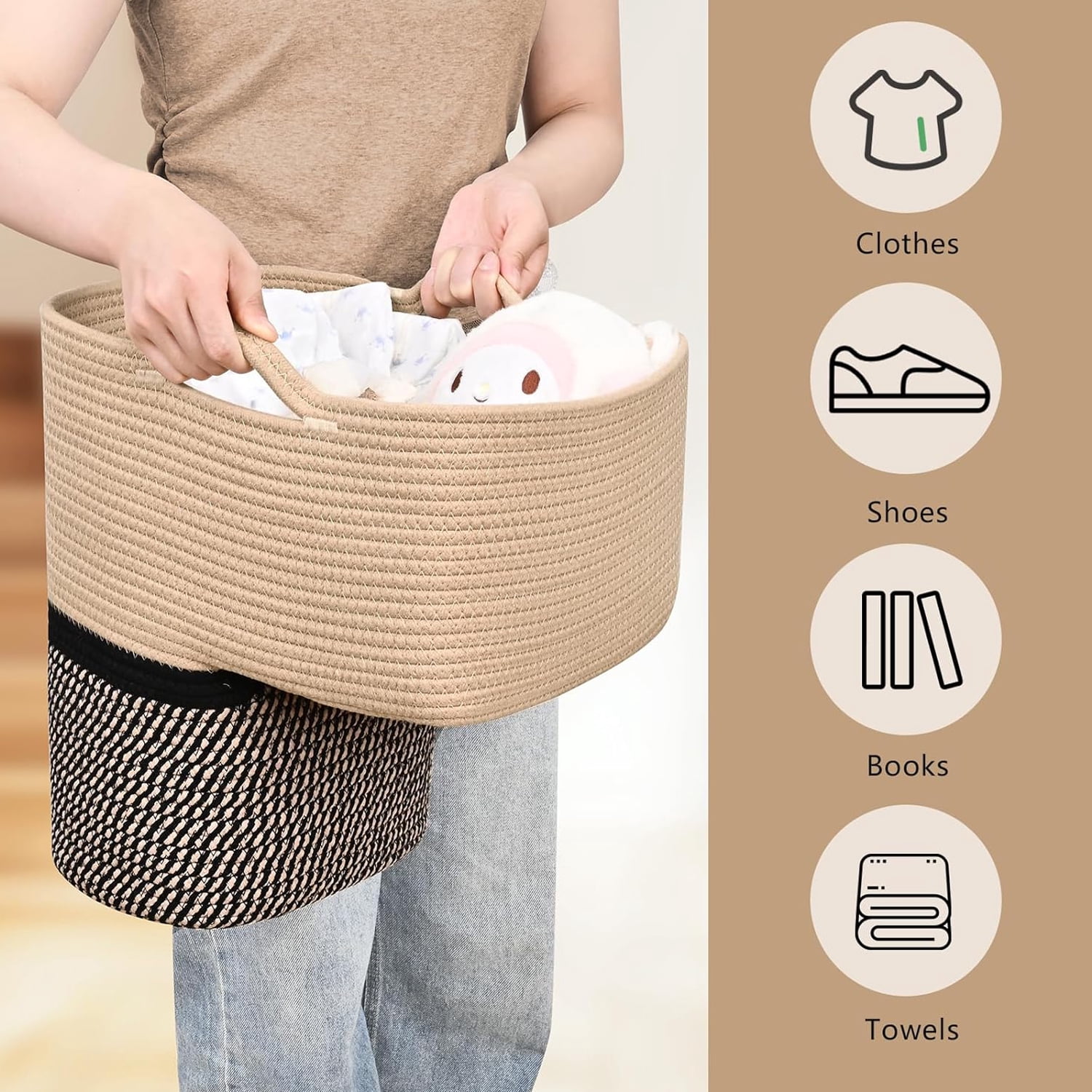 Natubeau Woven Stair Basket, Carpeted Stairs Storage Basket with Handles, Stair Baskets for Wooden Stairs, Staircase Baskets for Toys, Books, Black&Brown, 15"L x 10"W x 15"H