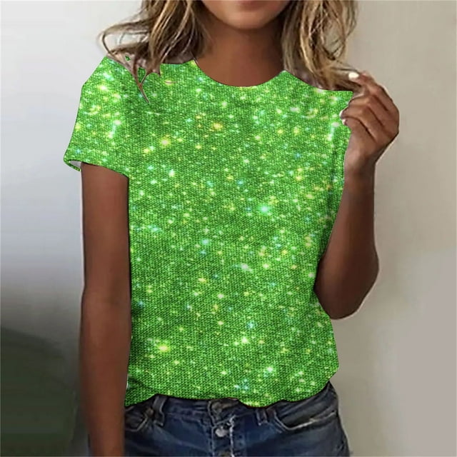 LOVZFMLL T-Shirts d'Été pour Femmes Décontractés Scintillants à Imprimé Cristal Col Rond Manches Courtes