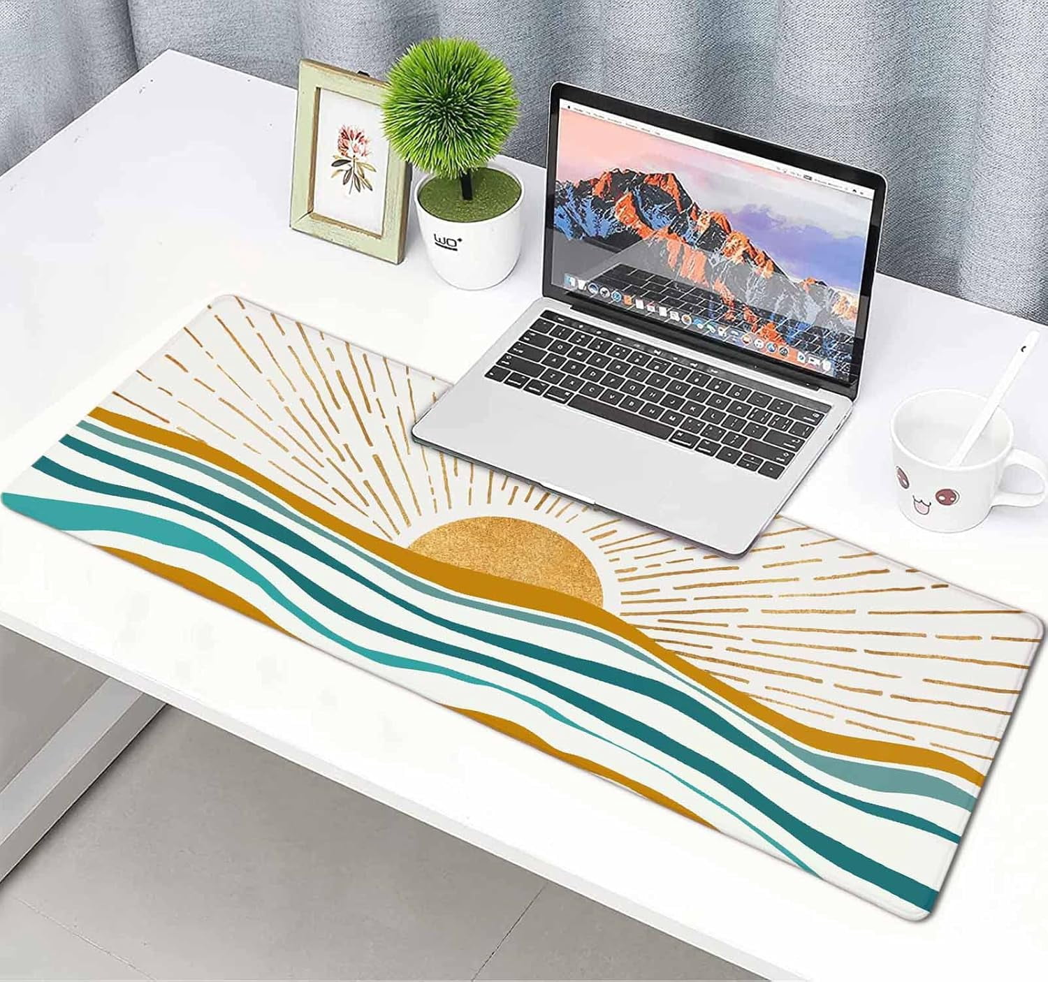 Large Gaming Mouse Pad, Keyboard Mouse Mat,Non-Slip Rubber Base Mousepad with Stitched Edges, Waterproof Keyboard Mouse Mat Desk Pad for Work, Laptop, 31.5 X 11.8 Inch, Gold Sun and Teal Ocean Waves