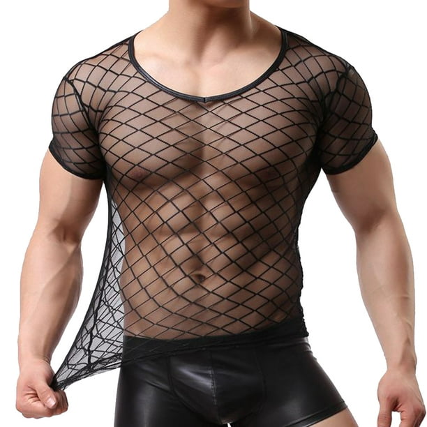 Men's Fishnet Shirt Fashion Short Sleeve Round Neck Hollow Out Top Gym  Workout See Through Muscle Mesh Shirt (Black, M) at  Men's Clothing  store