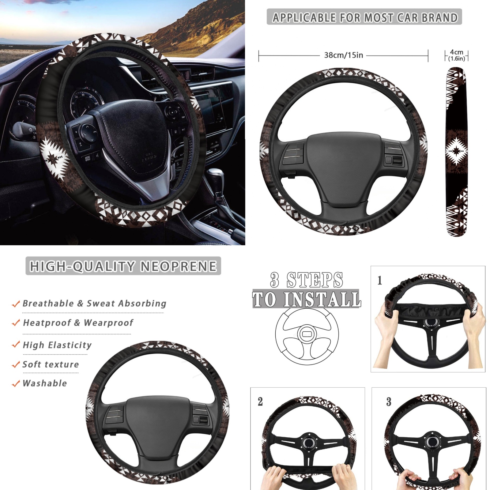 Renewold American Tribal Car Seat Cover Set 11 Pieces for Women Men, with Auto Seat Protector Non-slip Steering Wheel Cover Headrest Cover Coasters Handbrake Cover Gear Shift Cover