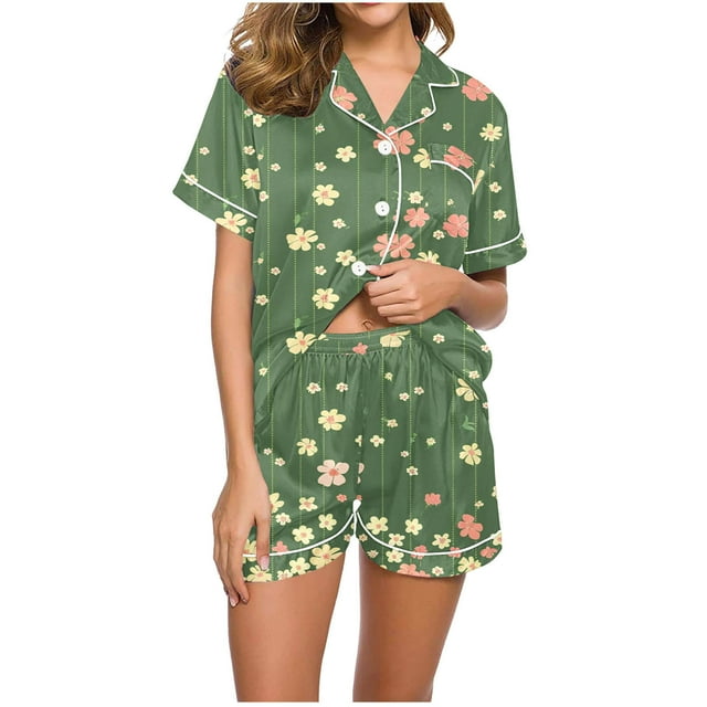 Jamicy Pyjama d'Halloween pour Femmes, Mode Décontractée, Imprimé, Haut à Manches Courtes avec Col à Revers et Short, Ample et Confortable, Ensemble de Pyjama pour la Maison