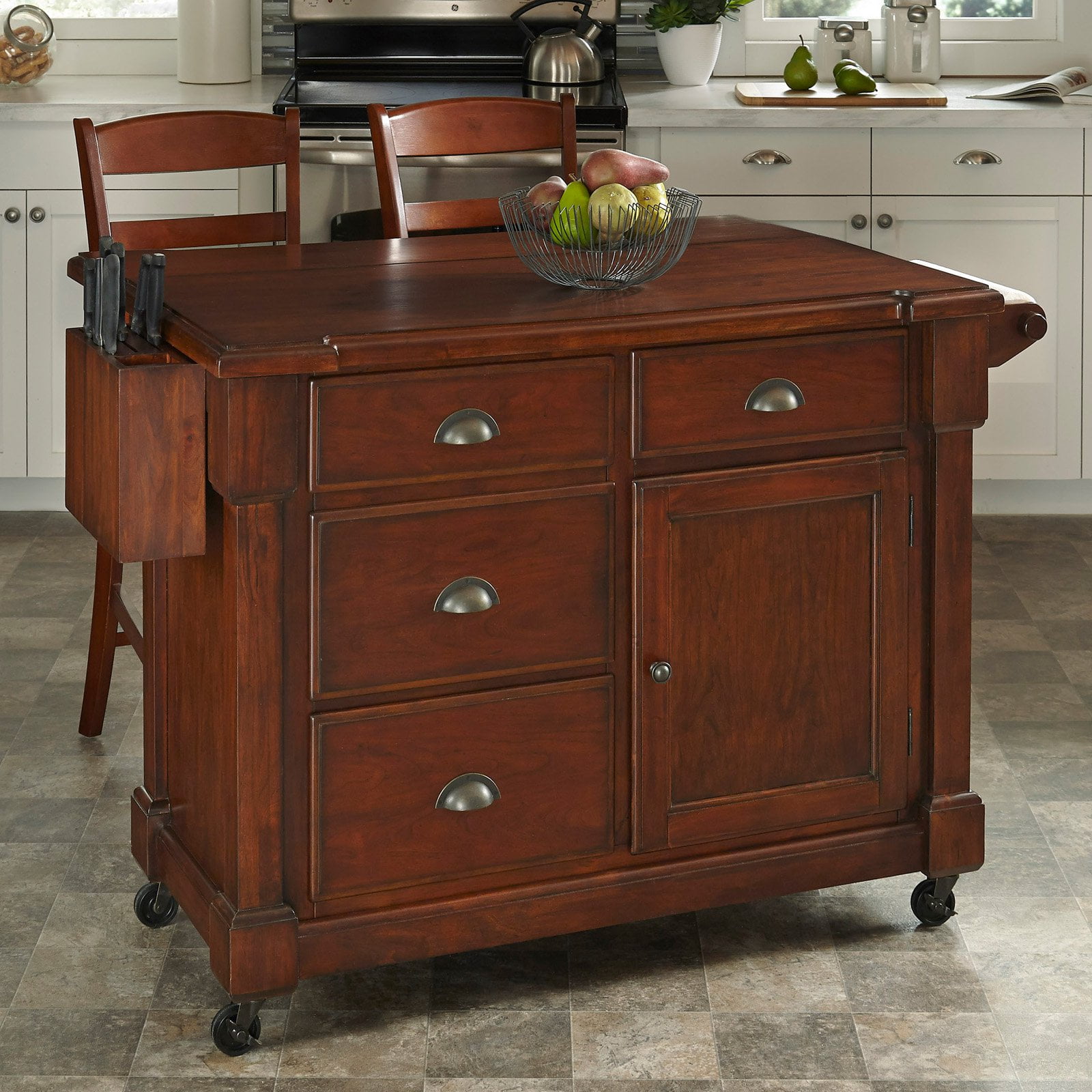 Home Styles Aspen Kitchen Cart and Two Stools in Rustic Cherry