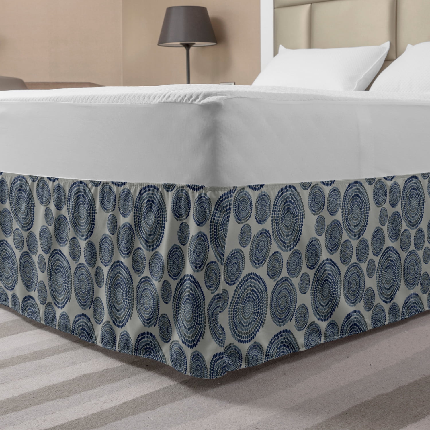 Grey Blue Bed Skirt, Traditional Folklore Inspired Spiral Dots on Grey
