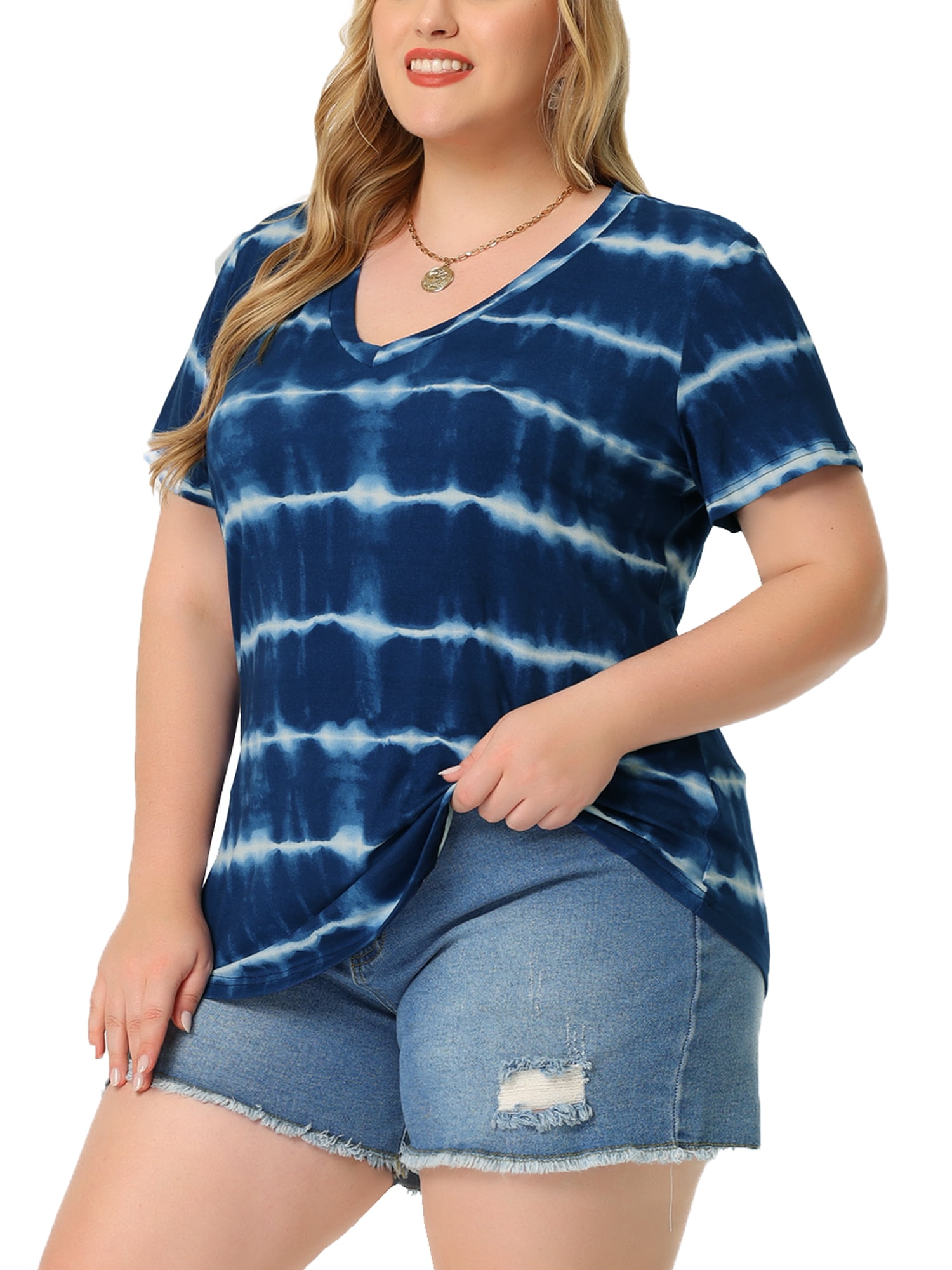 DARING DIVA Women's Plus Size V Neck Short Sleeve Tie Dye Tunic Top 4X Blue