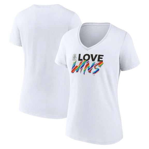 Women's White Seattle Mariners Love Wins V-Neck T-Shirt