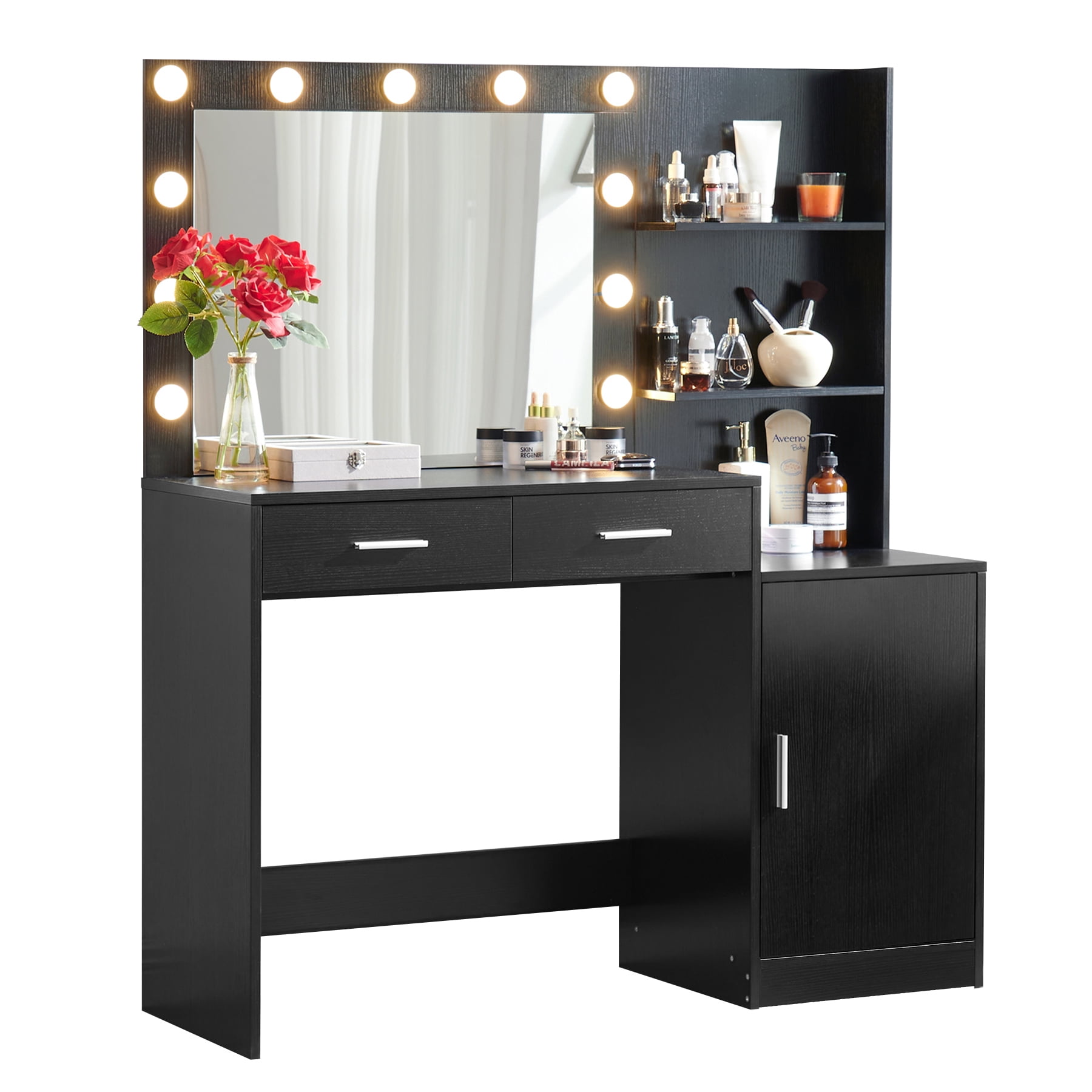 Hommoo 46.4" Vanity Desk with Mirror, 3 Colors Lights, 2 Drawers & Open Storage, Makeup Vanity Dressing Table for Bedroom, Black
