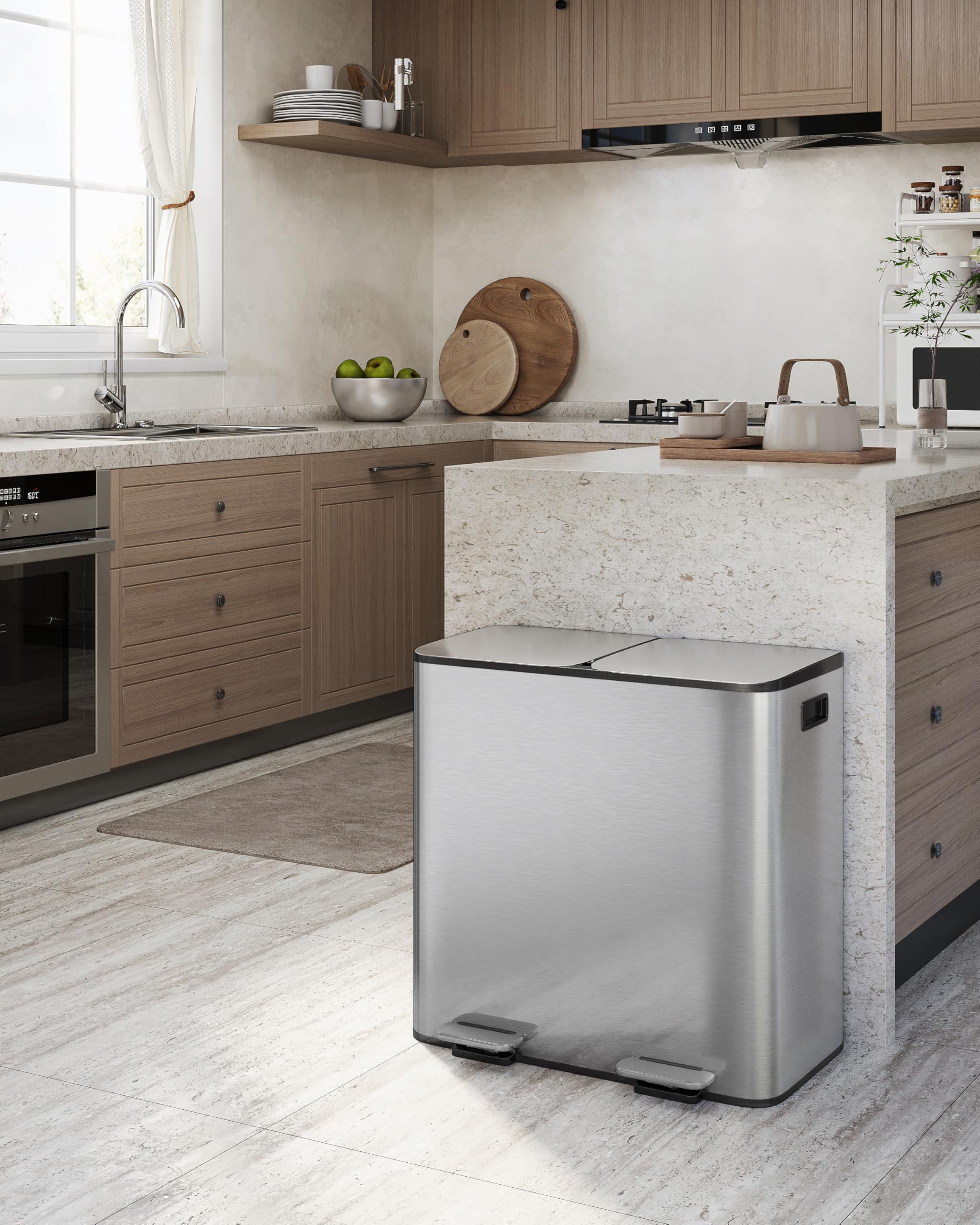 Dual Trash Can, 60 Liter (2x30L)/80 Liter (2x40L) Stainless Steel Step Trash Can, Rectangular Garbage Bin with Inner Buckets, Suit for Kitchen Office Home Use