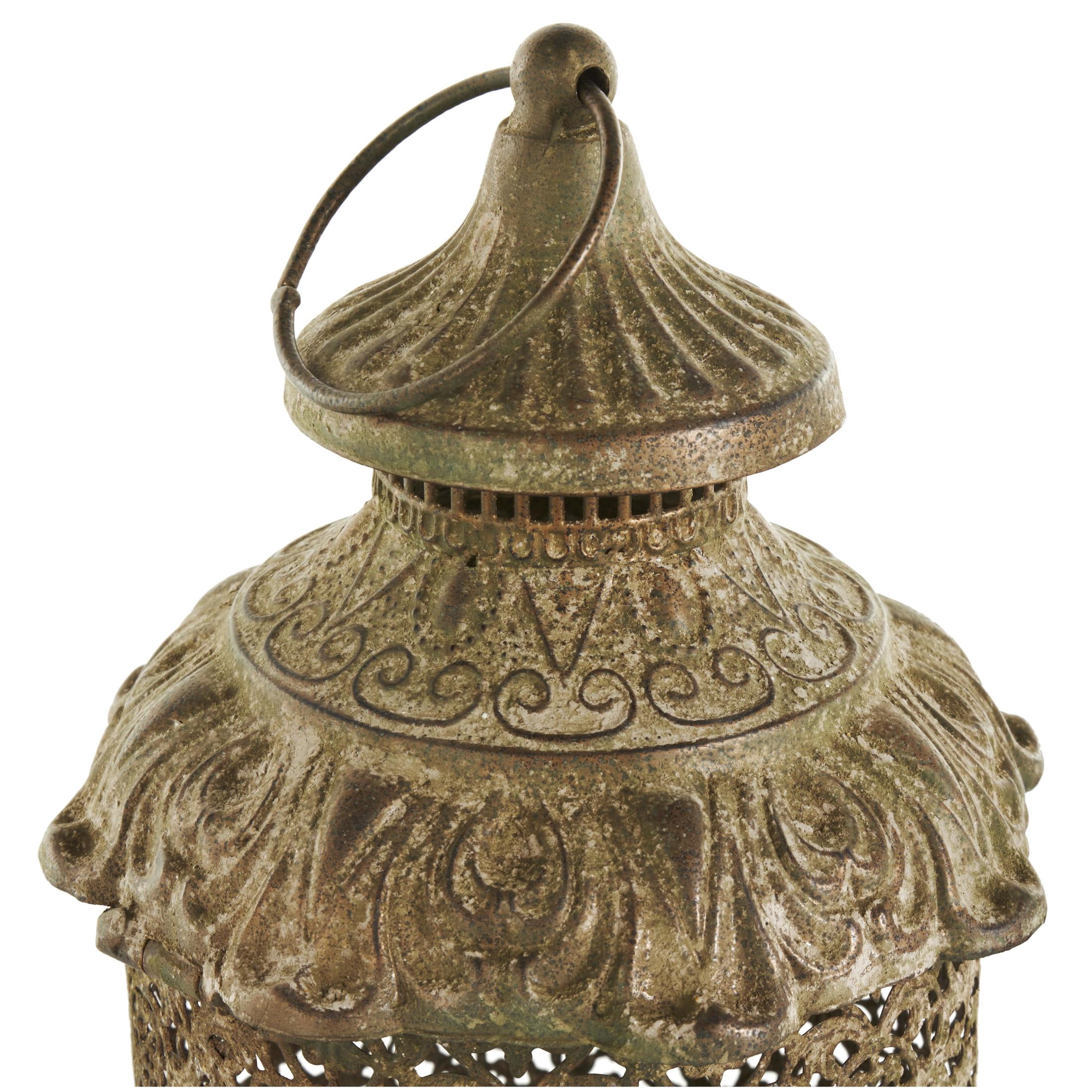 DecMode 2 Holder Brown Metal Scroll Distressed Vintage Inspired Ornate Candle Lantern, Set of 2
